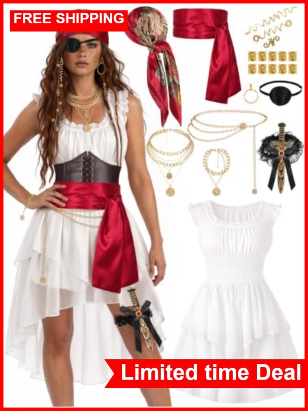 10 Pc Pirate Costume Set Renaissance Halloween Ren Faire LARP Dress Outfit